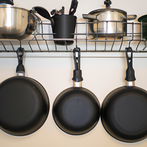 Image of a hanging rack with pots and pans, showcasing the utilization of vertical space for cookware storage.