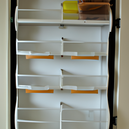 A lid organizer rack mounted on the inside of a cabinet door, providing easy access and storage for lids.