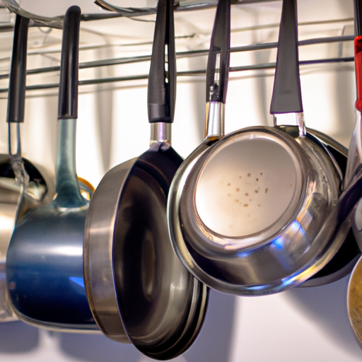 Image of a pot rack with various pots and pans hanging from it.