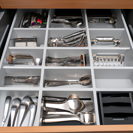 Image of a kitchen drawer with adjustable dividers and neatly arranged cookware, demonstrating the use of drawer organizers for efficient storage.
