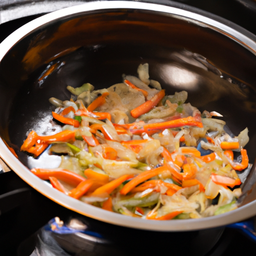 A stainless steel skillet being used to sauté vegetables.