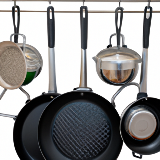 Image of a pot rack with hanging pots and pans
