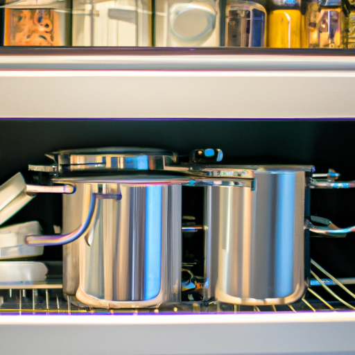 Image of a well-organized kitchen cabinet with neatly stacked and organized cookware.